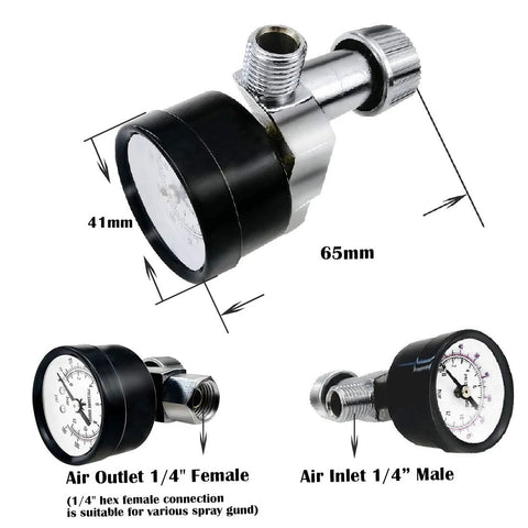 Water Pressure Regulator Valve With Gauge For G One Quarter Inlet And Outlet Adjustable Reducer, zinc alloy, front and side view.