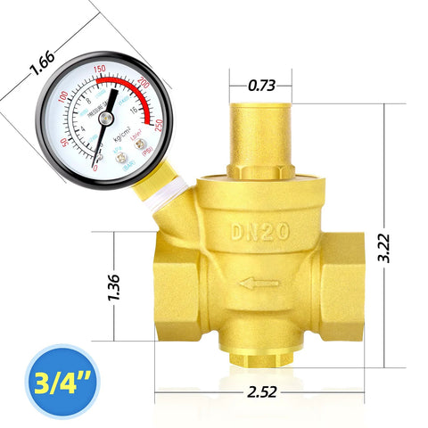 Brass water pressure regulating valve DN20, 3/4 inch inlet, 0-250 PSI gauge, durable construction for home plumbing.