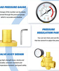 Brass water pressure regulating valve with gauge and hex wrench for adjustment, showcasing corrosion-resistant brass construction and precision control.