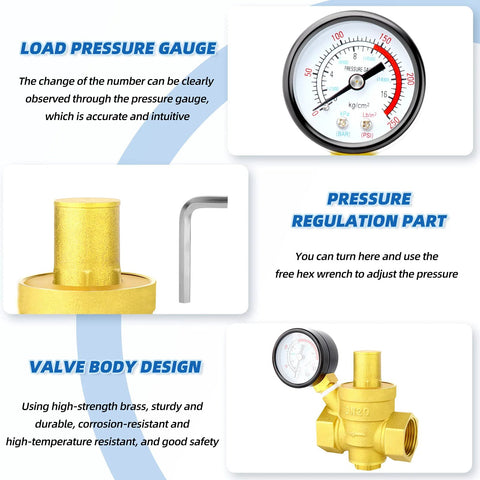 Brass water pressure regulating valve with gauge and hex wrench for adjustment, showcasing corrosion-resistant brass construction and precision control.