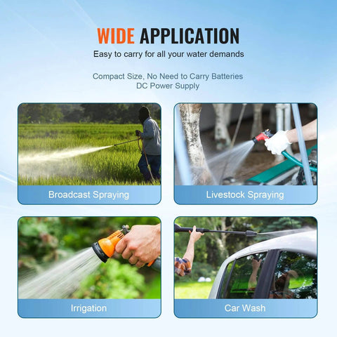 Collage showing applications of Water Diaphragm Pump, 12V DC, 5.5 GPM Flow, 70 PSI Rated Pressure, including spraying and car wash.