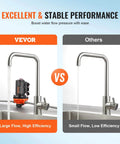 Comparison of water flow with and without Water Diaphragm Pump, 12V DC, 5.5 GPM Flow, 70 PSI Rated Pressure in stainless steel faucets.