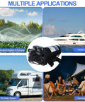 Tdrsuper Water Pressure Booster Pump, 110V AC Water Diaphragm Pump, shown with applications in RV, yacht, garden, and camping.