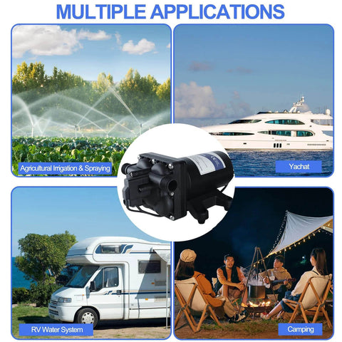 Tdrsuper Water Pressure Booster Pump, 110V AC Water Diaphragm Pump, shown with applications in RV, yacht, garden, and camping.