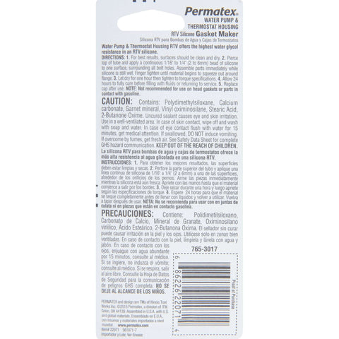 Back view of packaging for Water Pump And Thermostat RTV Silicone Gasket Set Pack Of Six One Half Ounce Tubes with safety instructions.