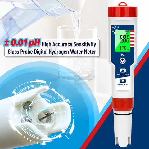 4 In 1 Water Quality Tester For Drinking Water With pH, Hydrogen H2, ORP And Temperature Readouts, digital meter shown