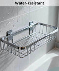 Water-resistant metal bathroom shelf mounted on a tiled wall by a window, with droplets showing moisture resistance.