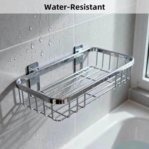 Water-resistant metal bathroom shelf mounted on a tiled wall by a window, with droplets showing moisture resistance.
