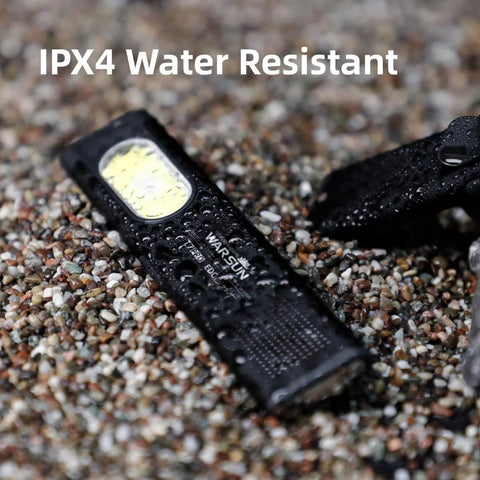 Compact multi mode pocket flashlight delivers 675 lumens, USB C recharge, IPX4 weather resistance shown on wet gravel surface
