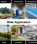 Collage of water applications: gardens, pond pumps, swimming pools, parks, courtyards, and car wash bay.