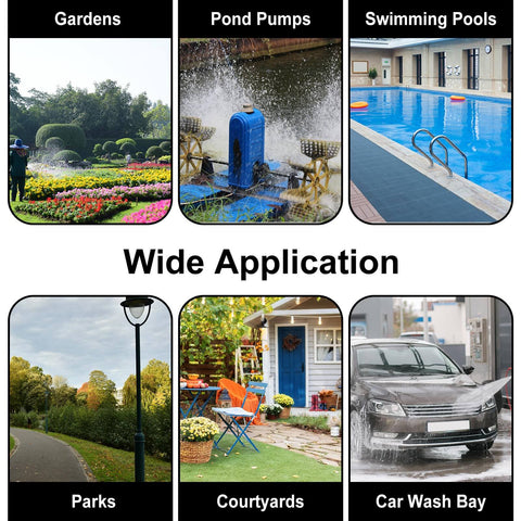 Collage of water applications: gardens, pond pumps, swimming pools, parks, courtyards, and car wash bay.