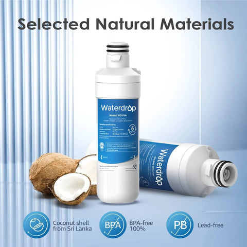 Replacement LT1000PC Water Filter For ThinQ LG Refrigerators 3 Pack with coconut shell carbon filtration shown with coconuts