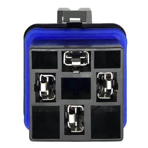 Close-up front view of 4 Pin 80 60 Amp 12V DC Waterproof Relay Kit SPST Automotive Relays Pack Of 5 for DIY wiring projects.