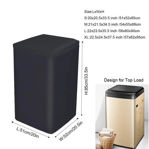 Black waterproof 420D oxford cover for top-load washer, protecting from sun, dust, rain, and scratches, size shown in image.