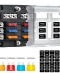 6 Way Marine Fuse Block Waterproof 12V And 24V Fuse Block with LED Indicator, cover open showing colorful fuses and labels.