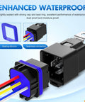 Close-up of Five Pack Waterproof Automotive Relay And Harness Set Beefed-Up Heavy Duty 40/30 Amp SPDT 5 Pin Relays with 12 AWG Tinned Copper Wires showing connectors and waterproof seals.