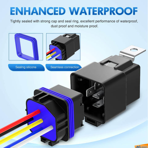 Close-up of Five Pack Waterproof Automotive Relay And Harness Set Beefed-Up Heavy Duty 40/30 Amp SPDT 5 Pin Relays with 12 AWG Tinned Copper Wires showing connectors and waterproof seals.
