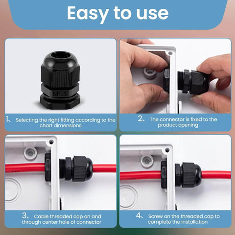 Step-by-step installation of Waterproof Cable Gland One Half Inch NPT Adjustable Six To Twelve Millimeter Through Cord Grip Nylon Cable Gland Joints IP68 Rated Wire Protector Built For Rugged Outdoor Use On The Job Set Of 20 showing threading and securing in enclosure.