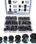 60Pcs Cord Grip Cable Glands Kit Waterproof IP68 Nylon PA66 Adjustable NPT One Quarter Inch Three Eighths Inch One Half Inch Three Quarters Inch One Inch With Gaskets Strain Relief Connectors For Outdoor Electrical Enclosures DIY Ready.
