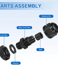 Exploded view of Beefed-Up Waterproof Cable Glands Kit, 20 Pcs M10x1.5 Thread, showing parts including sealing nut, claw, and washer.
