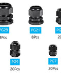 72 Piece Waterproof Cable Gland Kit With Gaskets for PG7 PG9 PG13.5 PG21 PG29 IP68 Pass Through Grommets Nylon PA66 sizes shown