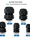 24 Piece Waterproof Cable Gland Kit With Adjustable NPT Glands For Cord Grip And Strain Relief All In One Set front view