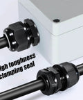 Close-up of NPT 3/4 Inch Waterproof Cable Gland Kit for Harsh Environments showing installed black plastic connectors.