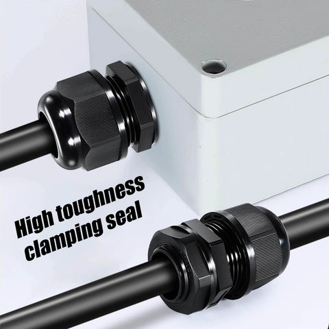 Close-up of NPT 3/4 Inch Waterproof Cable Gland Kit for Harsh Environments showing installed black plastic connectors.