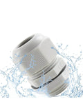 Close-up of a 15 Pack Three Quarter Inch NPT Cable Gland Connectors Waterproof IP68 Nylon PA66 Strain Relief Glands with water splash