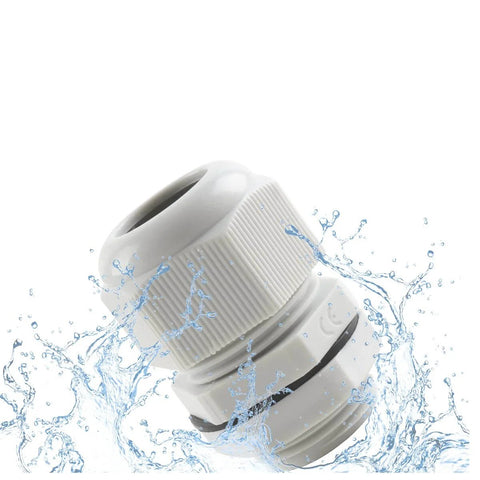 Close-up of a 15 Pack Three Quarter Inch NPT Cable Gland Connectors Waterproof IP68 Nylon PA66 Strain Relief Glands with water splash