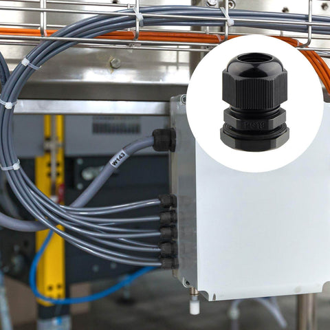 All In One 50 Pack Waterproof Cable Glands Kit With Gaskets For 3 16mm Cables Includes Six Sizes PG7 PG9 PG11 PG13.5 PG16 PG19 Nylon Plastic Construction shown installed on control box