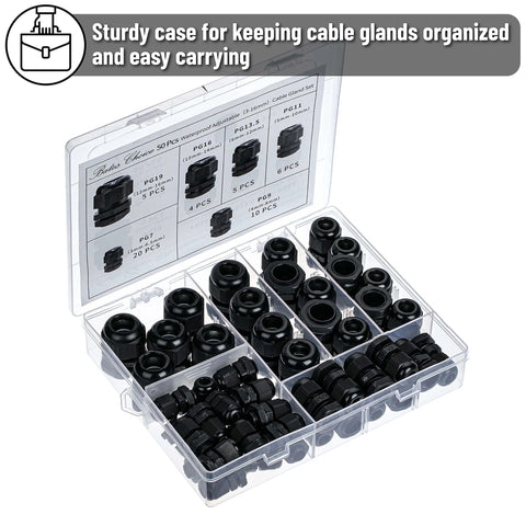 Waterproof Cable Gland Set, 50 Pack, Six Sizes PG7 PG9 PG11 PG13.5 PG16 PG19, IP68 Plastic Cord Grip Glands in storage case