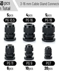 Waterproof Cable Gland Set, 50 Pack, Six Sizes PG7 PG9 PG11 PG13.5 PG16 PG19, IP68 Plastic Cord Grip Glands for Outdoor Enclosures