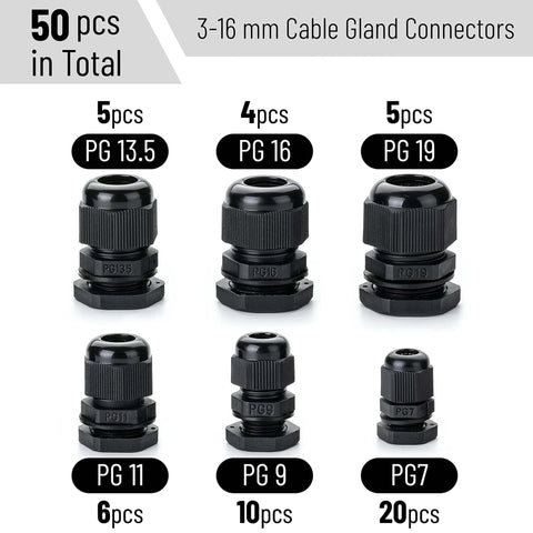 Waterproof Cable Gland Set, 50 Pack, Six Sizes PG7 PG9 PG11 PG13.5 PG16 PG19, IP68 Plastic Cord Grip Glands for Outdoor Enclosures