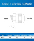 Diagram showing dimensions and specifications for 12 Pack 1/2 Inch NPT Cable Glands Waterproof Beefy Adjustable Strain Relief Connectors Nylon PA66 With Gaskets.