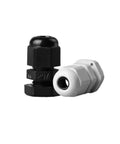 Long Thread Waterproof Cable Glands Set 10 Pack Plastic Adjustable 3 to 13 Millimeters Cable Connectors With Gaskets for PG7 PG9 PG11 PG13.5 PG16 Durable Seals and Easy Install for DIY and Outdoor Electrical Projects. Black and white connectors with durable gaskets.
