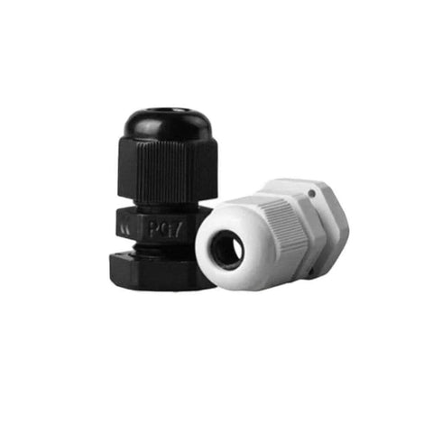Long Thread Waterproof Cable Glands Set 10 Pack Plastic Adjustable 3 to 13 Millimeters Cable Connectors With Gaskets for PG7 PG9 PG11 PG13.5 PG16 Durable Seals and Easy Install for DIY and Outdoor Electrical Projects. Black and white connectors with durable gaskets.