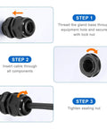 Instruction steps for installing Beefed-Up Waterproof Cable Glands Kit, 20 Pcs M10x1.5 Thread, PA6 Nylon IP68 connectors in equipment.