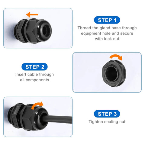 Instruction steps for installing Beefed-Up Waterproof Cable Glands Kit, 20 Pcs M10x1.5 Thread, PA6 Nylon IP68 connectors in equipment.