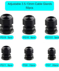 All In One 50 Pack Waterproof Cable Glands Kit With Gaskets For 3 16mm Cables Includes Six Sizes PG7 PG9 PG11 PG13.5 PG16 PG19 Nylon
