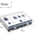 All In One 50 Pack Waterproof Cable Glands Kit With Gaskets For 3 16mm Cables Includes Six Sizes PG7 PG9 PG11 PG13.5 PG16 PG19 Nylon Plastic Construction In Durable PP Box For Indoor Outdoor Use And Easy Sealing On Your Projects, shown in a transparent case with sizes labeled.