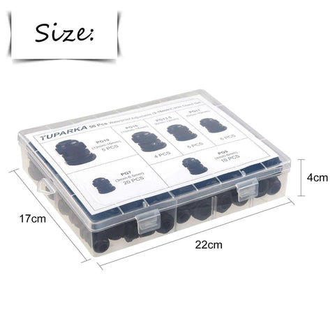 All In One 50 Pack Waterproof Cable Glands Kit With Gaskets For 3 16mm Cables Includes Six Sizes PG7 PG9 PG11 PG13.5 PG16 PG19 Nylon Plastic Construction In Durable PP Box For Indoor Outdoor Use And Easy Sealing On Your Projects, shown in a transparent case with sizes labeled.