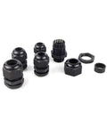 Long Thread Waterproof Cable Glands Set 10 Pack Plastic Adjustable 3 to 13 Millimeters Cable Connectors With Gaskets for PG7 PG9 PG11 PG13.5 PG16 Durable Seals and Easy Install for DIY and Outdoor Electrical Projects. Black plastic glands with gaskets displayed in various sizes.