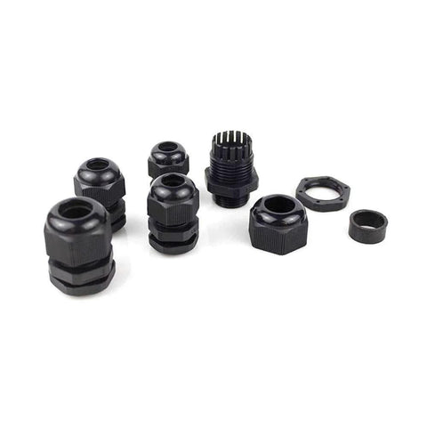 Long Thread Waterproof Cable Glands Set 10 Pack Plastic Adjustable 3 to 13 Millimeters Cable Connectors With Gaskets for PG7 PG9 PG11 PG13.5 PG16 Durable Seals and Easy Install for DIY and Outdoor Electrical Projects. Black plastic glands with gaskets displayed in various sizes.