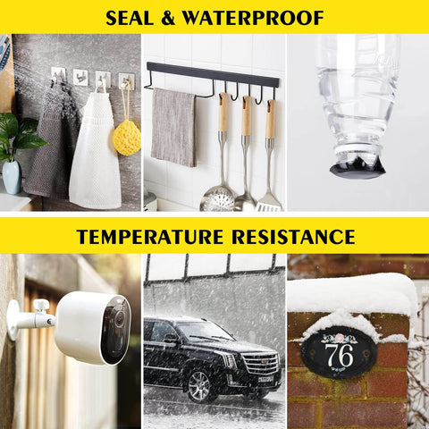Heavy Duty Double Sided Tape With Acrylic Foam Mounting Tape 1 Inch By 16.4 Feet Waterproof And Strong Two Sided Adhesive For Walls Automotive And Home Office Decor Without Drilling Or Screwing used in various settings including kitchen, outdoor, and automotive applications showcasing seal, waterproof, and temperature resistance.