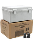 Waterproof Outdoor Electrical Enclosure Box With Wall Bracket Built To Handle The Elements IP65 Rated ABS Plastic Weatherproof Junction Box for DIY projects, shown with box and NPT glands.
