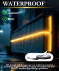 High Temperature Heavy Duty Double Sided Foam Tape For LED Strips 20 Ft By 0.5 Inch Waterproof Adhesive Super Sticky Bond For Automotive Trim Garage Home Decor Indoor And Outdoor Use installed on outdoor wall with LED lights.