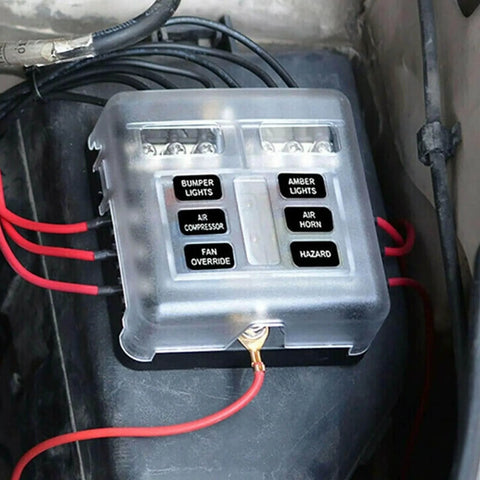 6 Way 12V Waterproof Fuse Box Holder With LED Indicator, 6 Circuit Blade Fuse Block For Automotive Truck Boat Marine RV Van Vehicle, Rugged And Tough As Nails PBT Construction, Easy Fuse Blow Alert And Quick LED Diagnostics