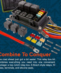 Waterproof 12V Fuse Relay Box Kit With Prewired Harness for Automotive and Marine Use, showing 6 Bosch style relays and fuses.