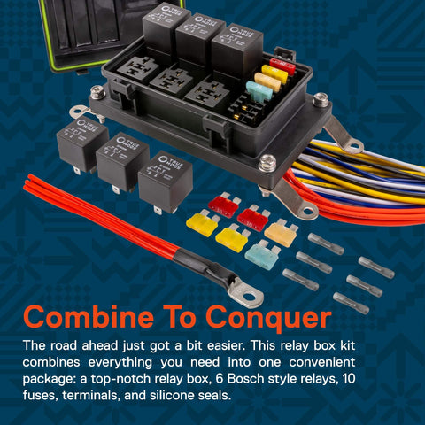 Waterproof 12V Fuse Relay Box Kit With Prewired Harness for Automotive and Marine Use, showing 6 Bosch style relays and fuses.